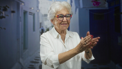 Fototapeta premium Elderly woman clapping hands in a sunlit narrow street wearing white shirt and colorful glasses; warm celebration joy.