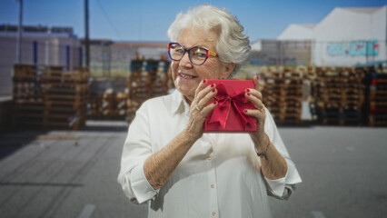 Senior woman holds red gift with both hands at chest in outdoor warehouse building, wearing glasses and white blouse; warmth joy.