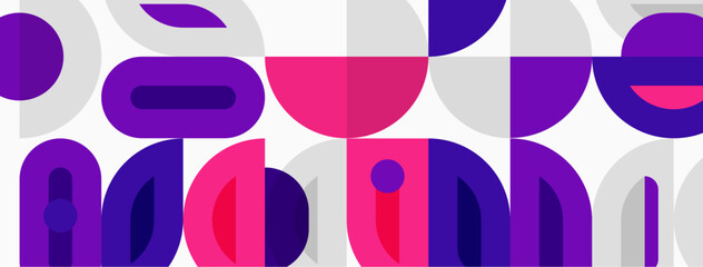 Abstract geometric design. Overlapping circles, rectangles create modern pattern. Purple, pink hues dominate white background. Minimalist style.