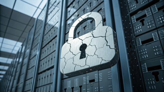 A cracked padlock symbolizing security vulnerabilities or breaches is superimposed on a background of server racks and data centers.