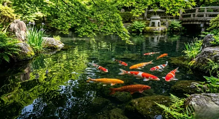 Poster de jardin  Beautiful colorful Koi carp swimming in a clear Japanese garden pond with reflections  © rine