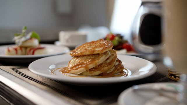 Close-up of fluffy pancakes with caramel sauce served for breakfast