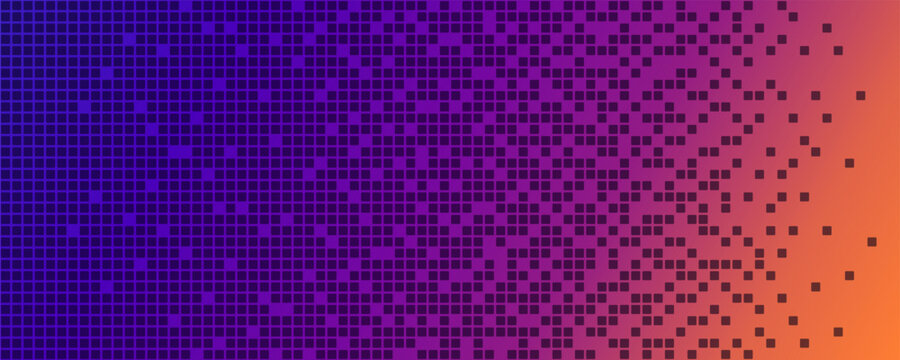 Neon AI pixel gradient bg. Blue, pink and orange gradient background. Abstract digital pattern with dot elements grid. Vibrant cyber futuristic texture. Modern vector illustration.