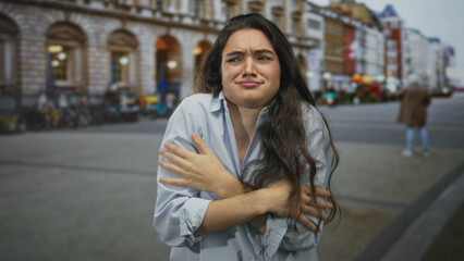 Fototapeta premium Young hispanic woman hugging arms in busy street against winter chill with tense facial expression; discomfort.