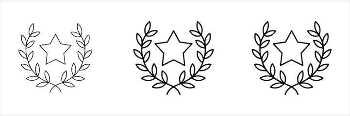 Three laurel wreath icons with stars in black outline and varying line weights symbol award © MdAbdur