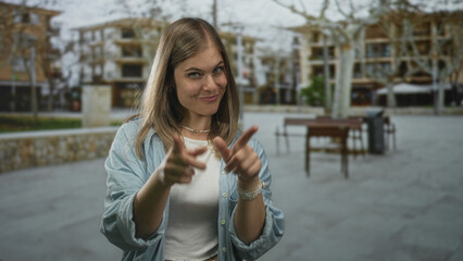 Fototapeta premium Young blonde woman wearing denim shirt points fingers at camera on street near tables and building facade; interaction celebration confidence connection.