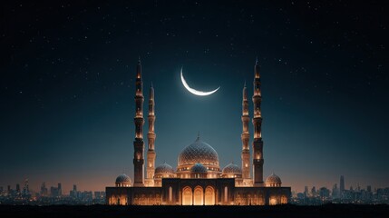 Majestic Islamic mosque illuminated at night with crescent moon and starry sky, showcasing intricate architecture against a glowing horizon and clear foreground space for product placement