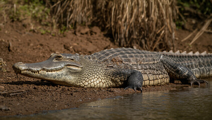 Obraz premium 河岸で体を温めるワニを熱気と泥の匂いごと捉える