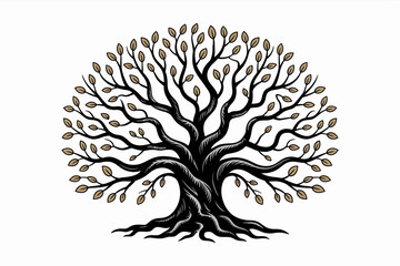 Intricate black and gold ancient tree with detailed branches and leaves