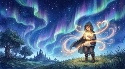 Naklejka premium Illustration of man-like boy gazing at stars with flicker of hope and love concept. A magical scene of a child under the northern lights, casting spells.