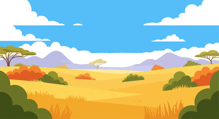 Obraz premium Serene savannah landscape with grass, trees, and distant mountains under a blue sky with white clouds