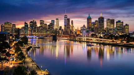 Fototapeta premium Breathtaking City Skyline Reflected in Calm River at Sunset with Vibrant Colors