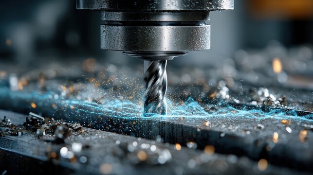Advanced CNC Machine Drilling with Blue Sparks & Metal Dust, Manufacturing, Industry