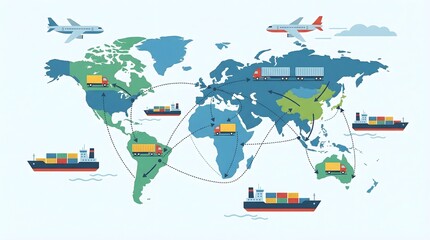 Global transportation network connecting continents with ships, planes, and trains