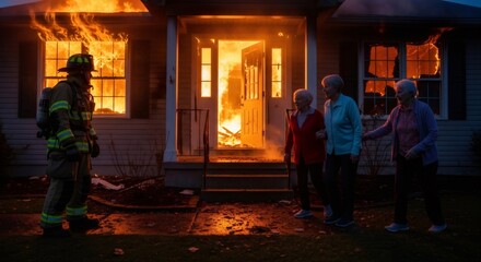 Firefighter watching a house burn as three elderly women are safely evacuated. Fire incident and safety concept for emergency services.