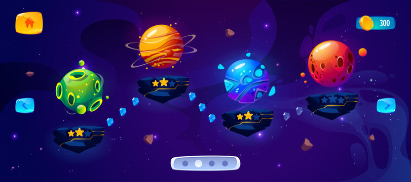 Game level map for space mobile app with flying platforms, planets and star score icons. Cartoon cosmic background with alien rocks, floating islands and galaxy adventure path for arcade UI design.