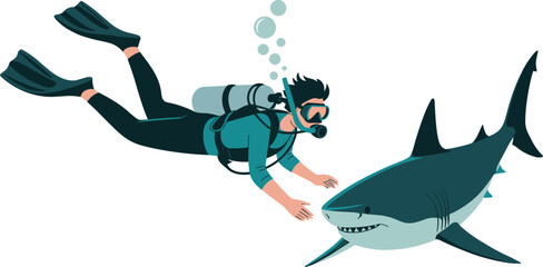 Isometric digital illustration of scuba diver encountering shark underwater, ocean wildlife adventure and marine exploration concept © Mst Nurnehar Begum