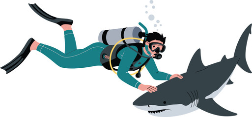 Isometric digital illustration of scuba diver swimming underwater with shark, marine adventure and ocean exploration concept © Mst Nurnehar Begum