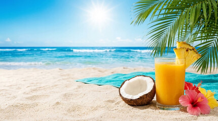 Obraz premium A tropical drink, a coconut, and hibiscus flowers sit on a sandy beach with a blue ocean background, representing relaxation and vacation time