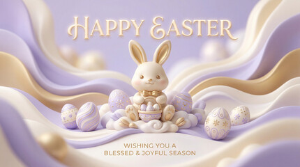 Życzenia Wielkanocne na pięknej kartce z wizerunkiem króliczka wielkanocnego i pisanek. Całość ilustracji utrzymana w kolorach fioletu i jasnego beżu.