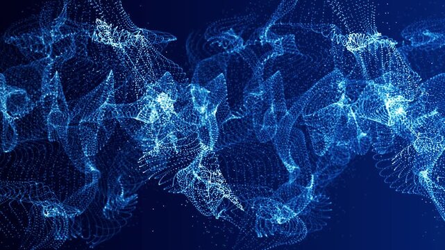 Abstract Blue Particle Wave Background with Flowing Digital Dots and Dynamic Data Motion. Animation 4k. 3D rendering
