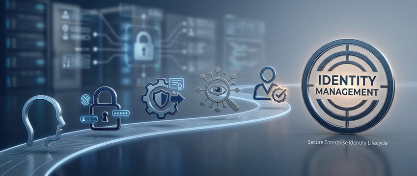 Identity Management Cybersecurity Data Protection Network Security Digital Identity Access Control Information Privacy visual for secure enterprise identity lifecycle and data security infrastructure.