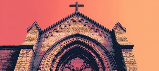 Stone church building with cross symbol. Religion faith worship spirituality concept. Generative AI technology.	

