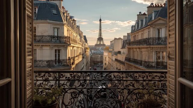 Scenic View From Balcony Overlooking Parisian Street with Wrought Iron Railing and Eiffel Tower at Sunset
