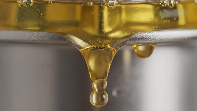 Golden oil pouring from metal spout