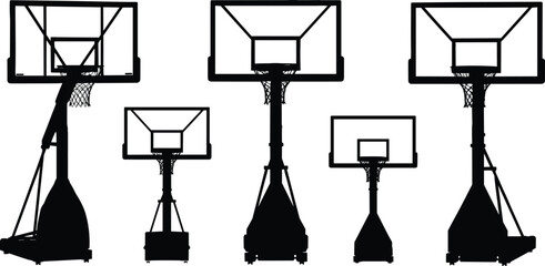 Basketball hoop silhouette set, portable and street backboard stand collection, sports equipment vector illustration isolated on white background © David  Creations