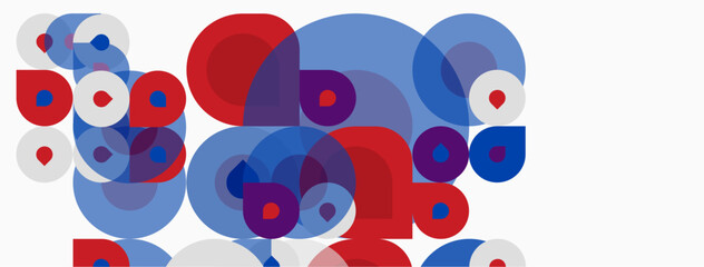 Fototapeta premium Abstract composition featuring overlapping circles. Red, blue, purple hues dominate white background. Dynamic, playful visual arrangement.