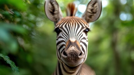 Fototapeta premium A striking close-up portrait of a zebra showcasing its intricate black and white stripes, framed by a blurred natural background, highlighting its unique features and beauty.