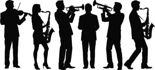 Jazz band musician silhouettes set with saxophone trumpet and violin players, live music performance vector illustration isolated on white background © David  Creations