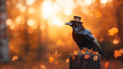 Fototapeta premium A charming raven proudly wears a small hat adorned with leaves, amidst a picturesque autumn setting, capturing a whimsical moment in nature with vibrant fall colors.
