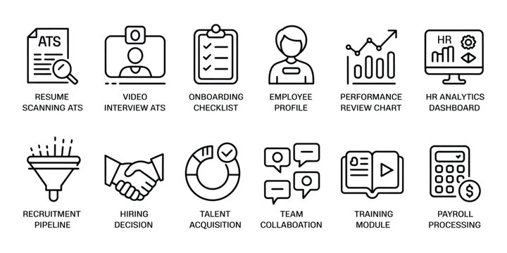 human resources management line icon set showing recruitment onboarding performance review analytics and payroll processing for business operations and employee lifecycle.