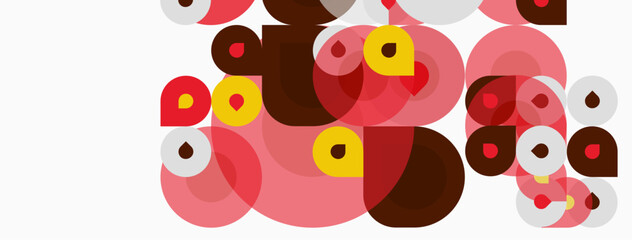 Fototapeta premium Abstract composition featuring overlapping circles. Colors include shades of red, brown, pink, yellow, white. Minimalist design, modern aesthetic.