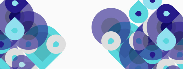 Fototapeta premium Abstract composition featuring overlapping circles, teardrops, varying shades blue, turquoise. Minimalist design, clean aesthetic, modern style.
