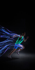 Naklejka premium Dynamic artwork male sprinter with neon light energy trails on dark background. Concept of speed sprint motion, performance boost, athletic power and futuristic training technology.