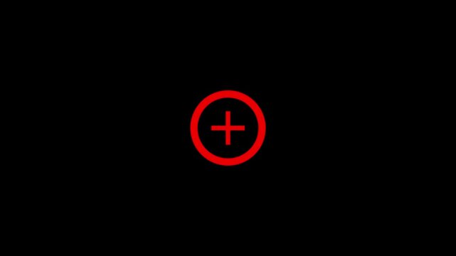 Simple minimalist red plus sign icon inside a circular frame looped animation on black background. plus sign inside looped animation.