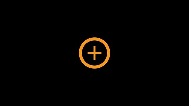 Simple minimalist orange plus sign icon inside a circular frame looped animation on black background. plus sign inside looped animation.