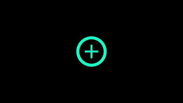 Simple minimalist cyan plus sign icon inside a circular frame looped animation on black background. plus sign inside looped animation.