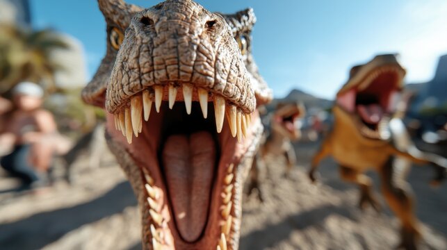 A set of fierce-looking Tyrannosaurus dinosaurs roar in an exciting outdoor setting, capturing the essence of prehistoric terror and adventure in vibrant detail.