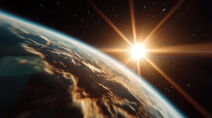 Fototapeta premium An awe-inspiring view of Earth from space, showcasing the beauty of our planet with a radiant sun illuminating its curves, reflecting wonder and exploration of the universe.