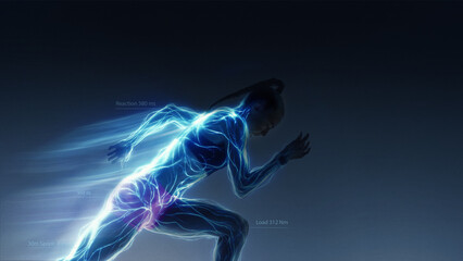 Intense poster female sprinter covered in electric light network showing reaction and load data....