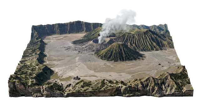 Mount Bromo active volcano erupting smoke within the Tengger caldera, featuring Pura Luhur Poten and Mount Batok, Bromo Tengger Semeru National Park, East Java, Indonesia, isolated on white.