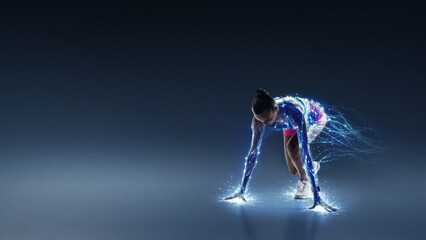 Powerful design female athlete in start position with luminous energy lines around body. Concept of...