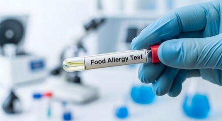 Naklejka premium Hand in blue glove holding test tube labeled 'Food Allergy Test' in laboratory.