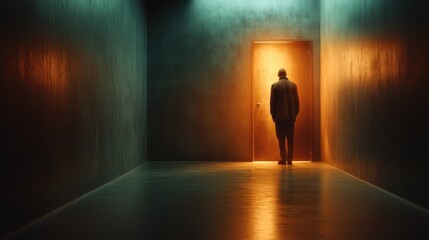Fototapeta premium A solitary figure approaches a glowing doorway in a dark hallway, symbolizing hope, new beginnings, and the intrigue of what lies beyond this mysterious threshold.
