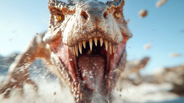 A hyper-realistic dinosaur roars ferociously under the bright blue sky, embodying the essence of prehistoric power and awe, offering a thrilling glimpse into a world long gone.
