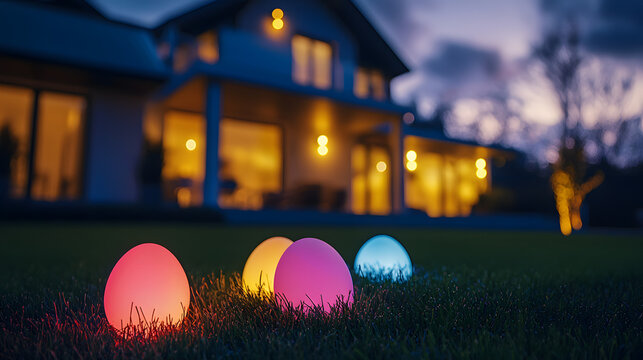 Glowing Easter eggs lie on the grass in a courtyard against the backdrop of a private house and the night sky